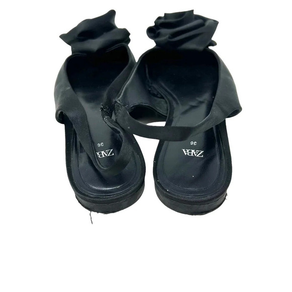 Zara Straple Flat Shoes with Flowers Black Satin Rosette Size 36 US 5 - Picture 5 of 8